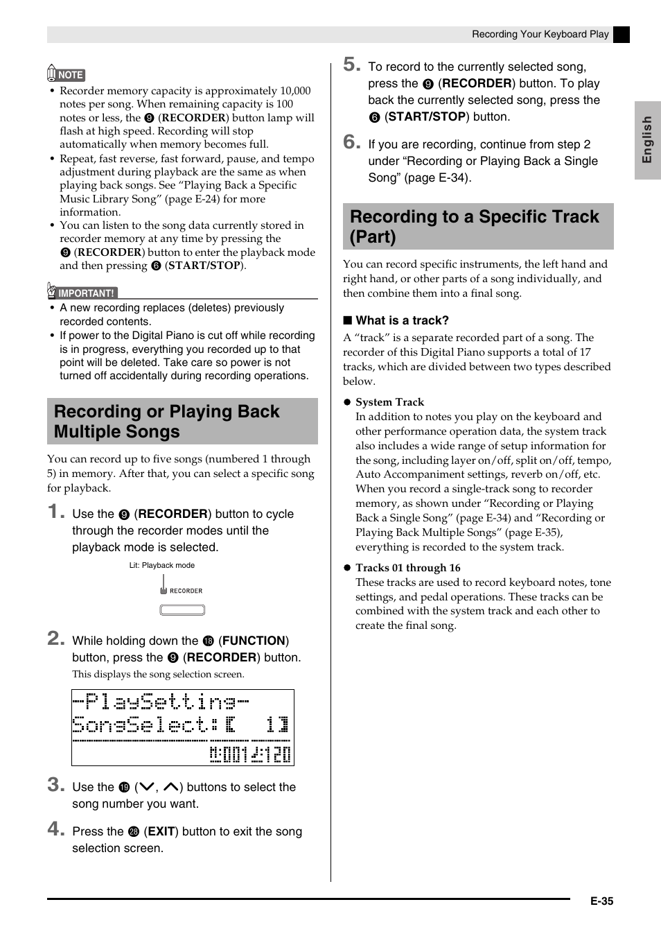 Recording or playing back multiple songs, Recording to a specific track (part) | Casio Celviano 6ES1A User Manual | Page 39 / 79