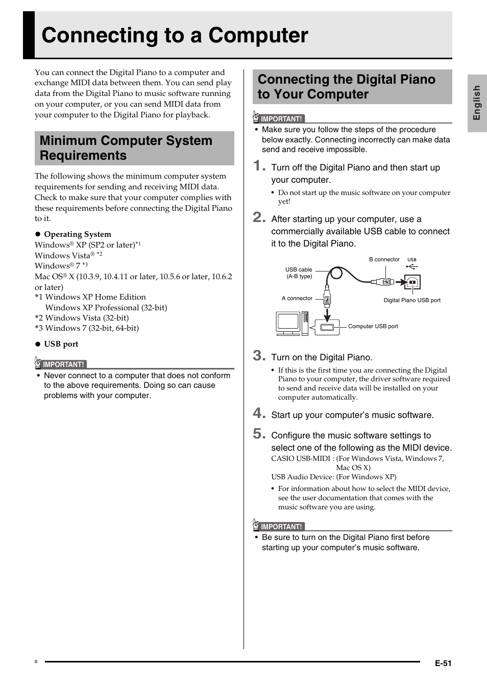 Connecting to a computer, Minimum computer system requirements, Connecting the digital piano to your computer | Casio Celviano 6ES1A User Manual | Page 55 / 79