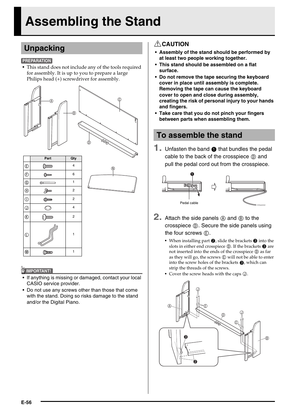 Assembling the stand, Unpacking | Casio Celviano 6ES1A User Manual | Page 60 / 79