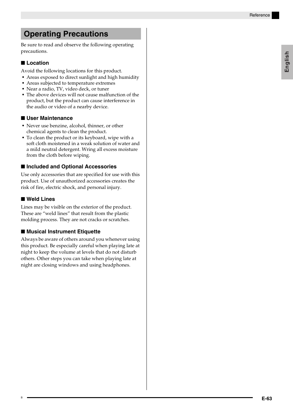 Operating precautions | Casio Celviano 6ES1A User Manual | Page 67 / 79