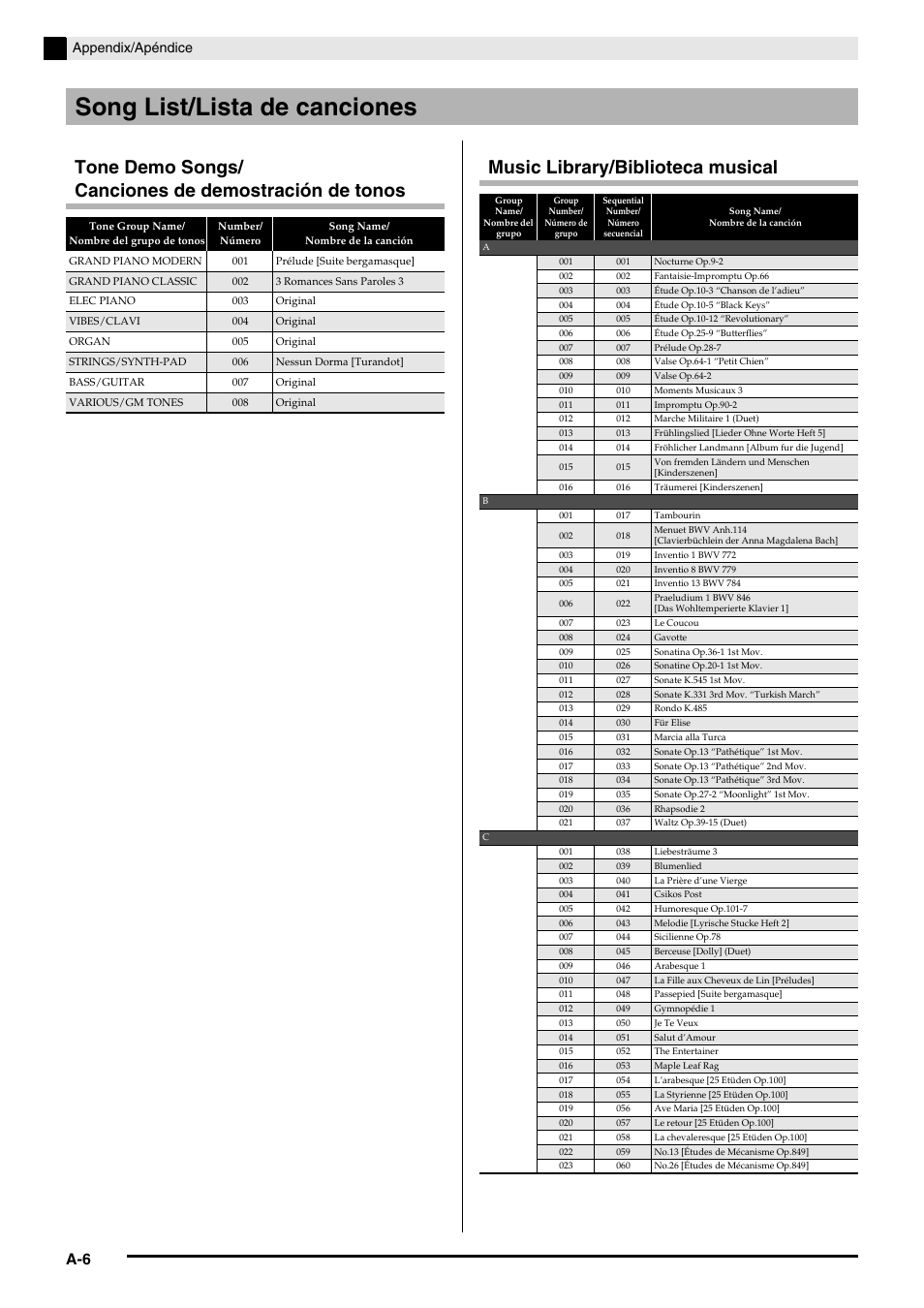 Song list/lista de canciones, Appendix/apéndice | Casio Celviano 6ES1A User Manual | Page 73 / 79