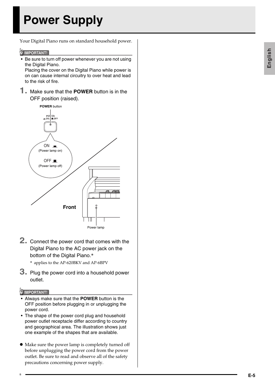 Power supply | Casio Celviano 6ES1A User Manual | Page 9 / 79