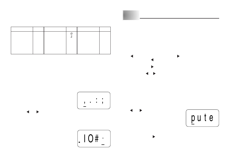 Io# pute, Part 4 deleting and inserting characters, About the code key | Special symbols, Moving the cursor, Deleting individual characters | Casio KL-60 User Manual | Page 10 / 20