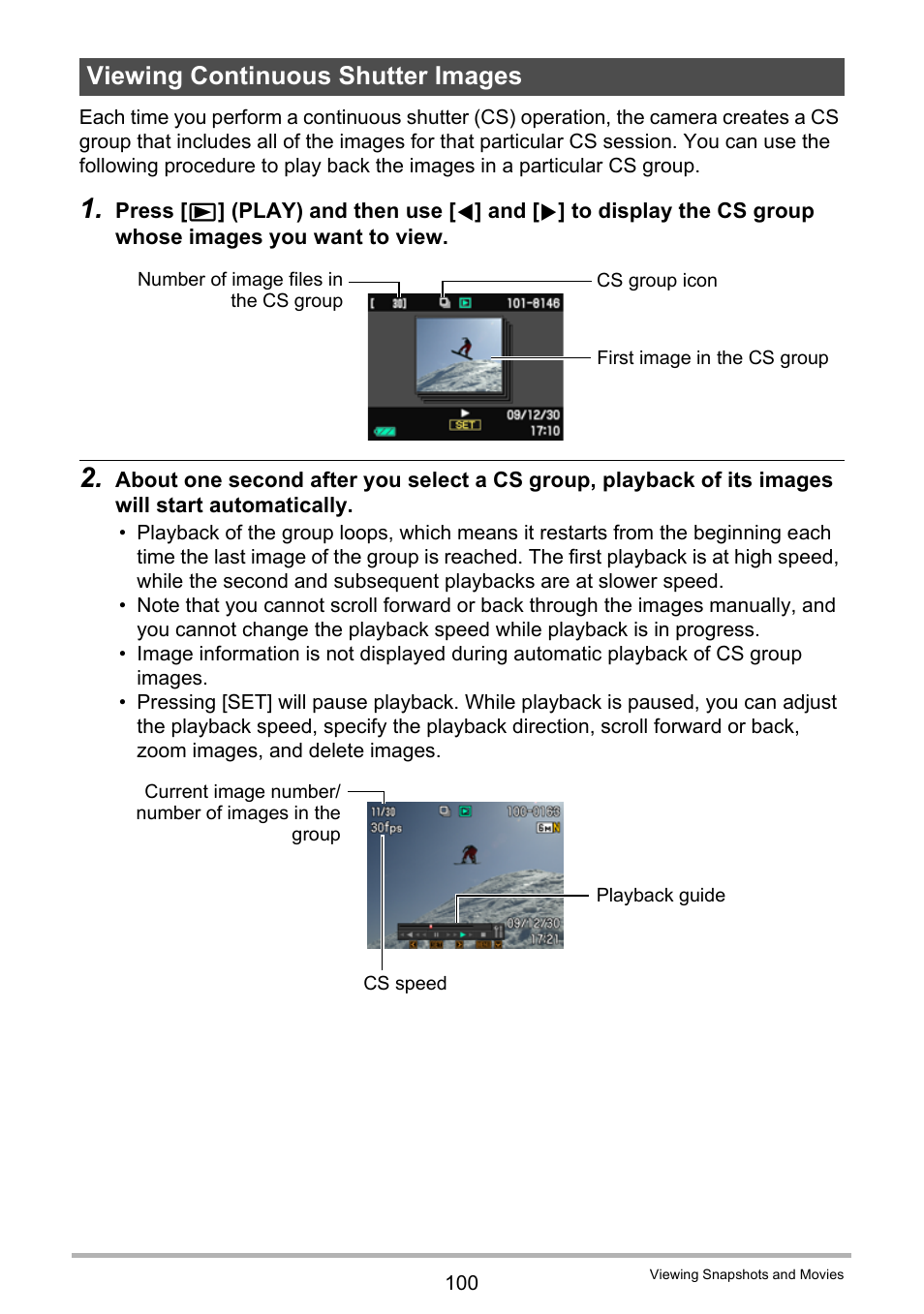 Viewing continuous shutter images | Casio EX-FC100 User Manual | Page 100 / 191