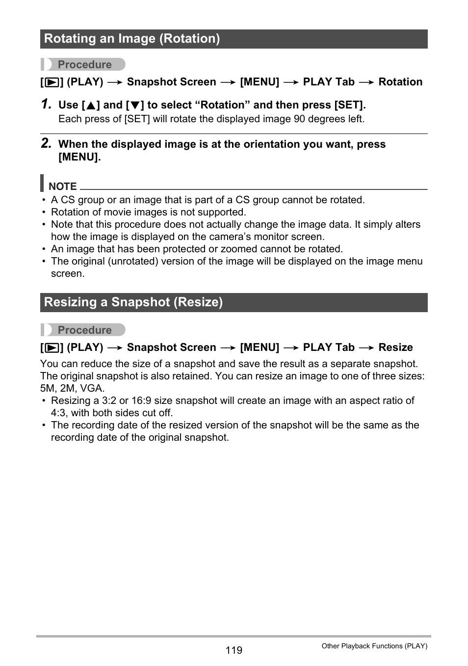 Rotating an image (rotation), Resizing a snapshot (resize) | Casio EX-FC100 User Manual | Page 119 / 191