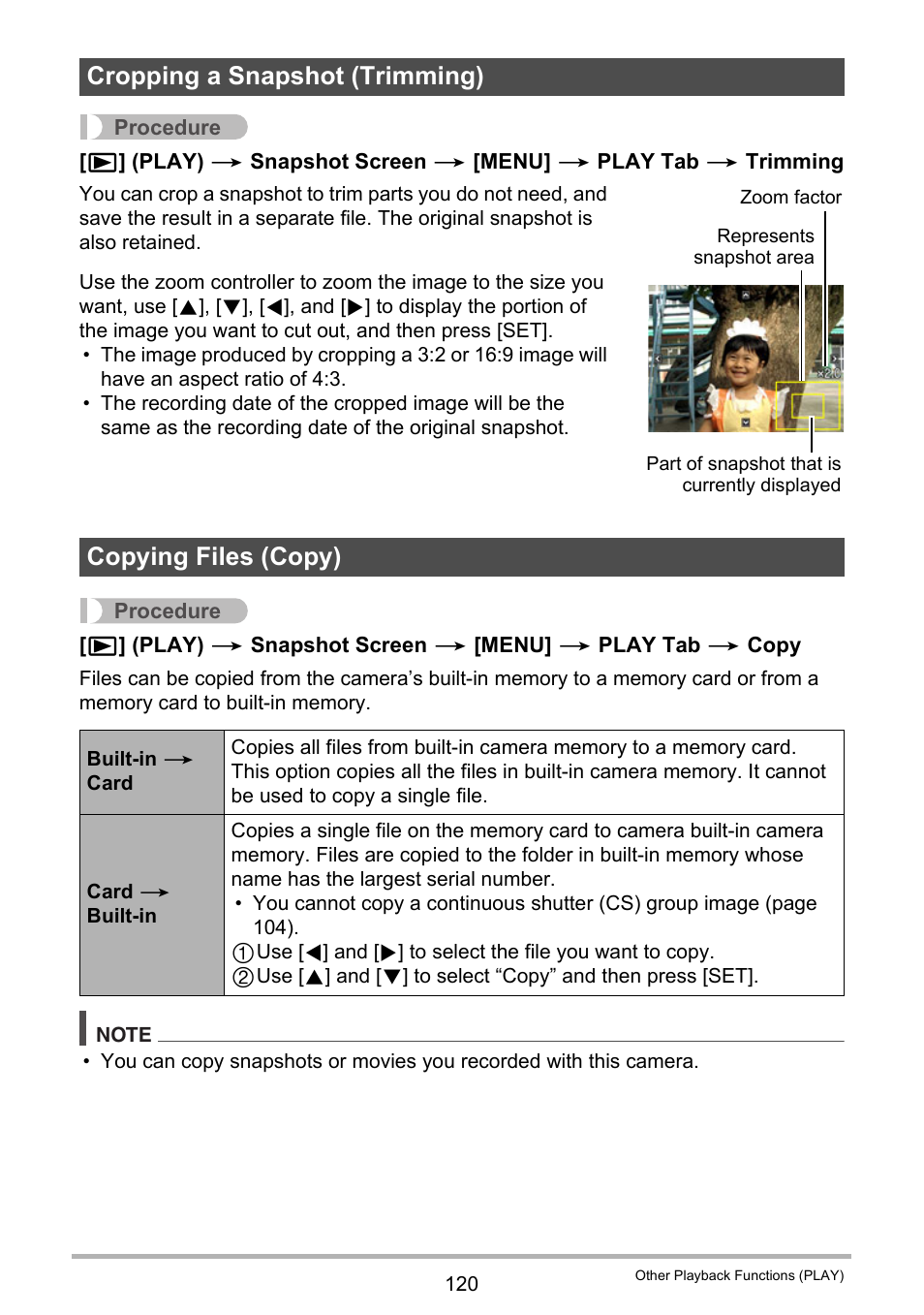 Cropping a snapshot (trimming), Copying files (copy) | Casio EX-FC100 User Manual | Page 120 / 191