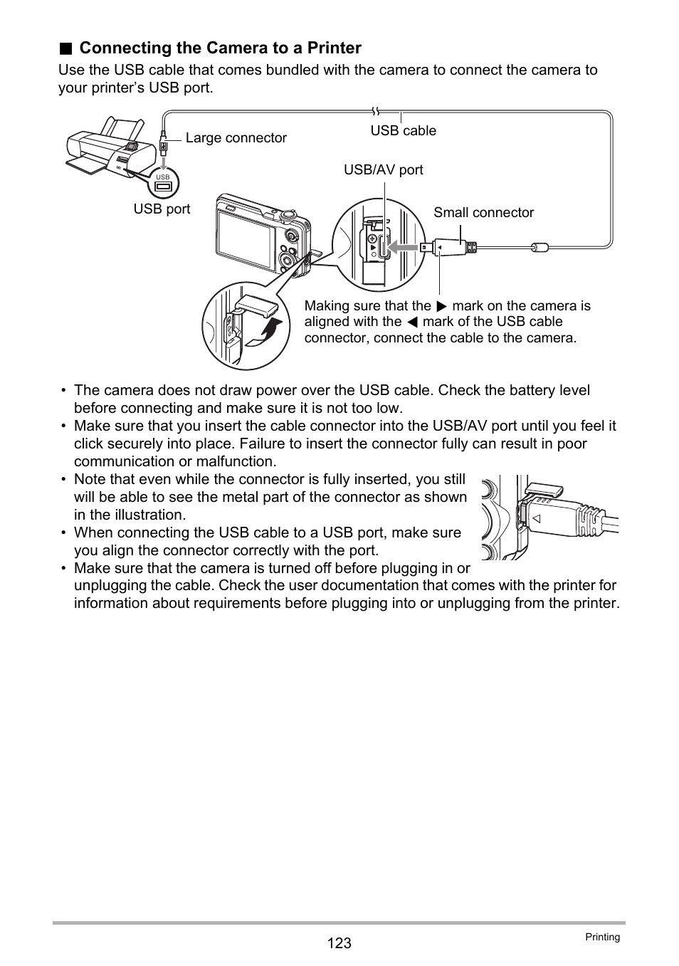 Connecting the camera to a printer | Casio EX-FC100 User Manual | Page 123 / 191