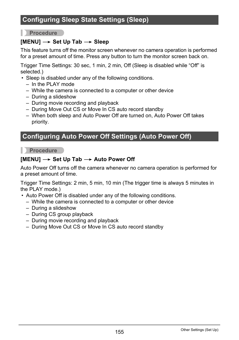 Configuring sleep state settings (sleep) | Casio EX-FC100 User Manual | Page 155 / 191