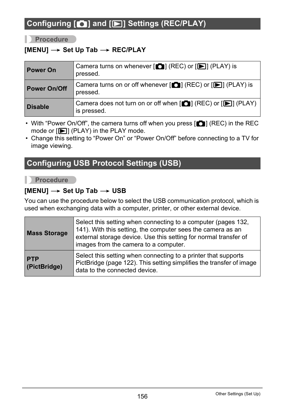 Configuring [_] and [>] settings (rec/play), Configuring usb protocol settings (usb), Configuring [ r ] and [ p ] settings (rec/play) | Casio EX-FC100 User Manual | Page 156 / 191