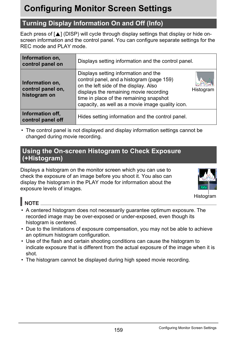 Configuring monitor screen settings, Turning display information on and off (info) | Casio EX-FC100 User Manual | Page 159 / 191