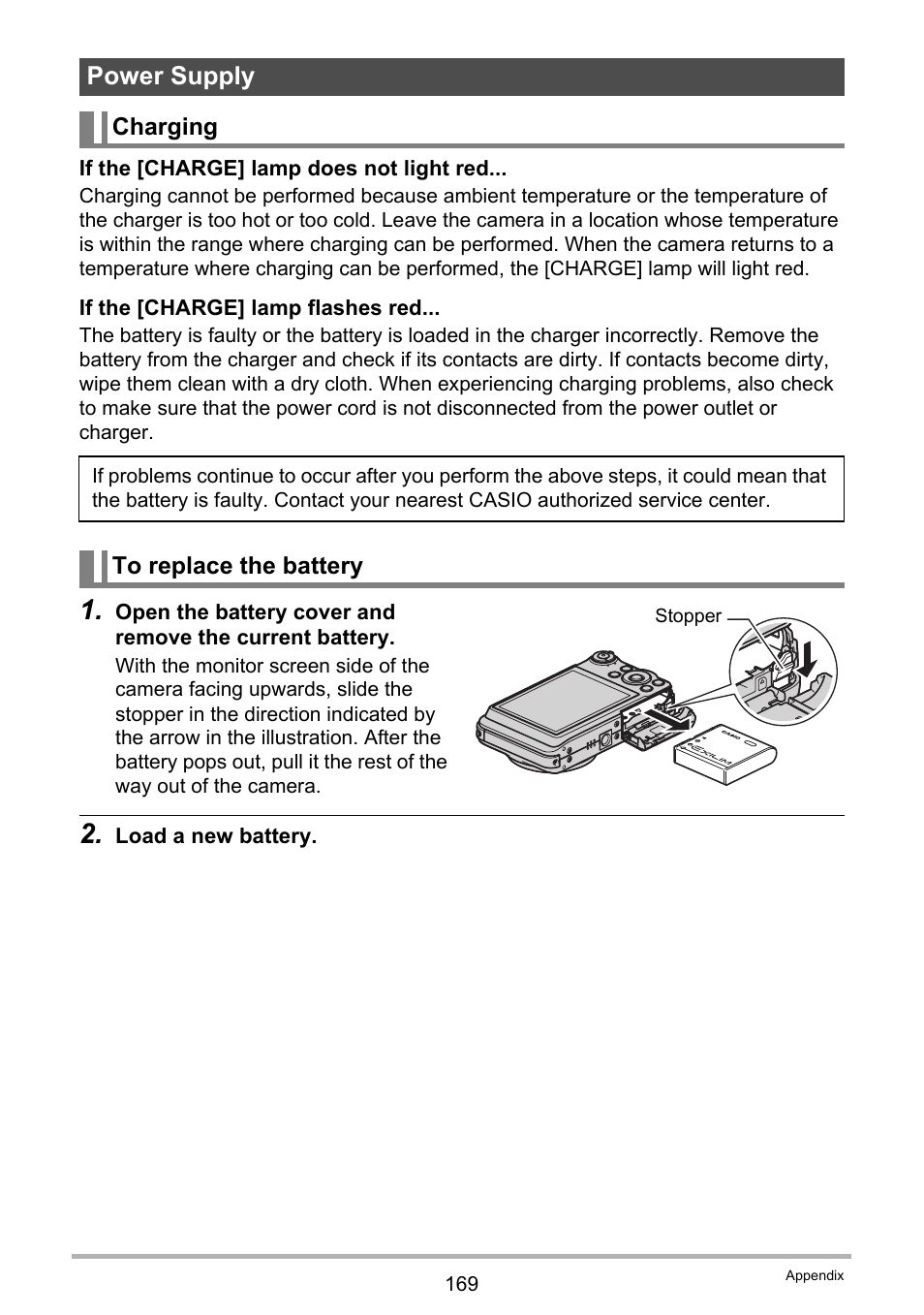 Power supply, Charging, To replace the battery | Casio EX-FC100 User Manual | Page 169 / 191