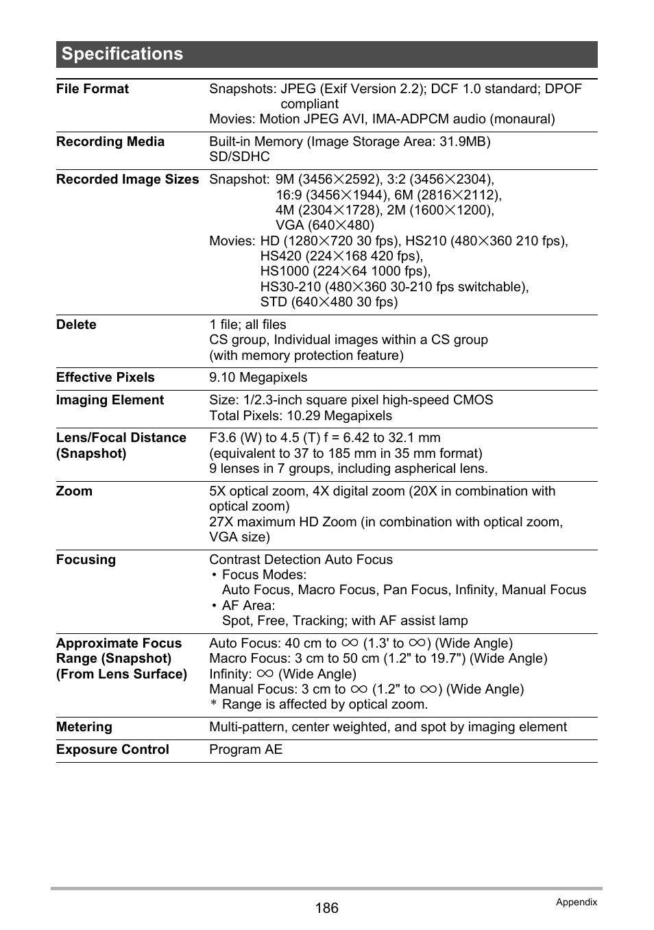Specifications | Casio EX-FC100 User Manual | Page 186 / 191