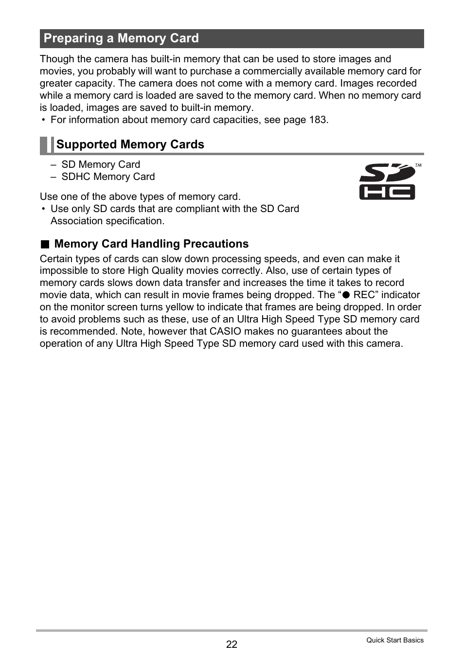 Preparing a memory card, Supported memory cards | Casio EX-FC100 User Manual | Page 22 / 191
