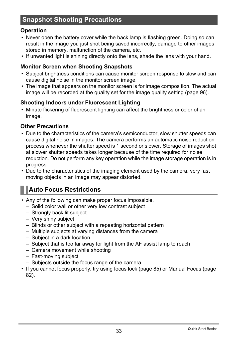 Snapshot shooting precautions, Auto focus restrictions | Casio EX-FC100 User Manual | Page 33 / 191