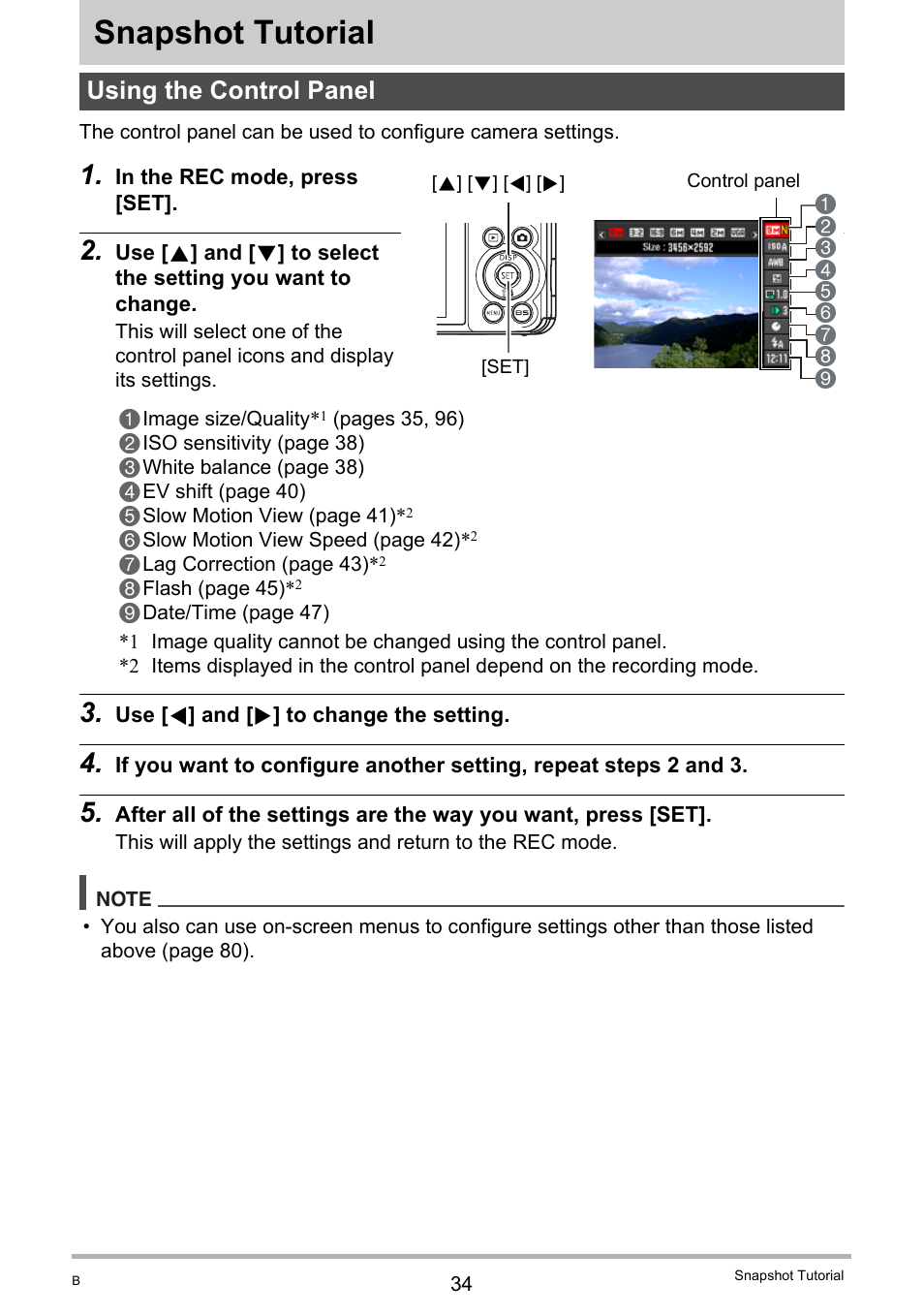 Snapshot tutorial, Using the control panel | Casio EX-FC100 User Manual | Page 34 / 191