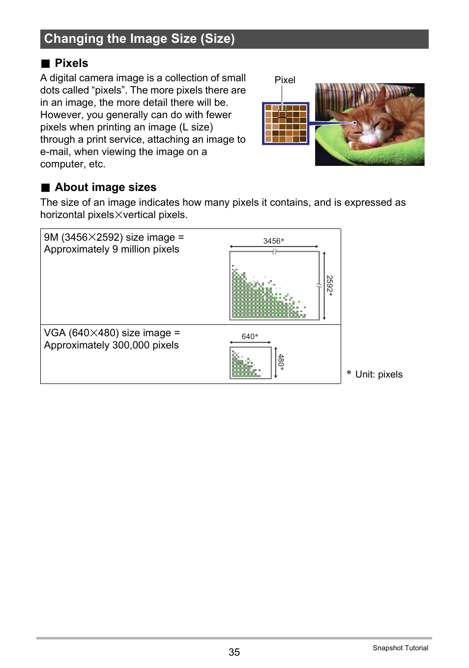 Changing the image size (size), Pixels, About image sizes | Casio EX-FC100 User Manual | Page 35 / 191