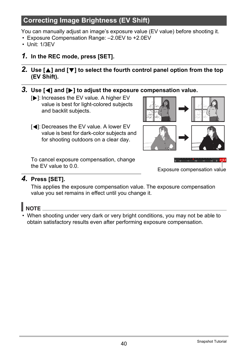 Correcting image brightness (ev shift) | Casio EX-FC100 User Manual | Page 40 / 191