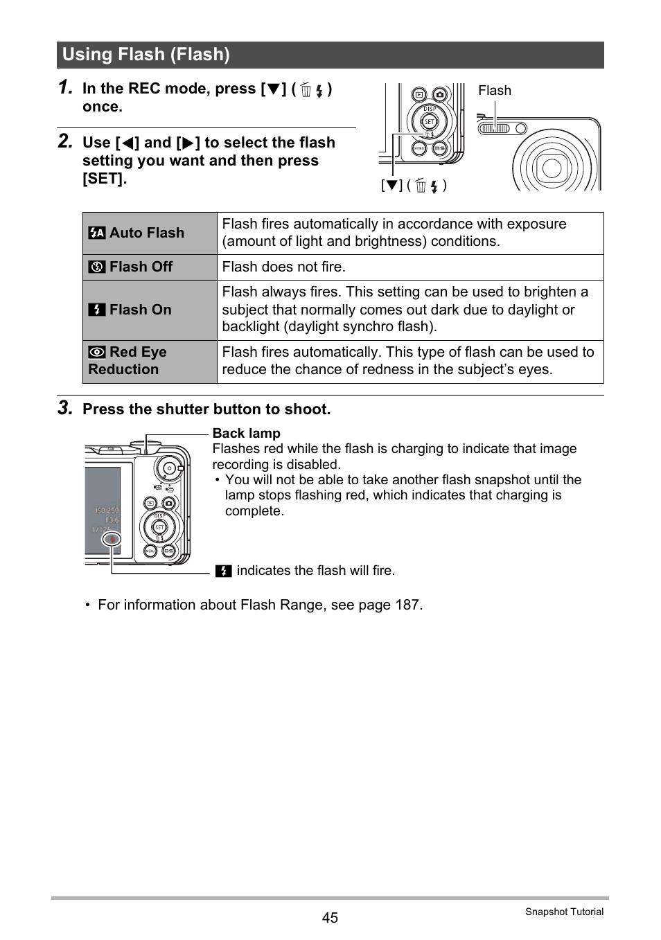 Using flash (flash) | Casio EX-FC100 User Manual | Page 45 / 191