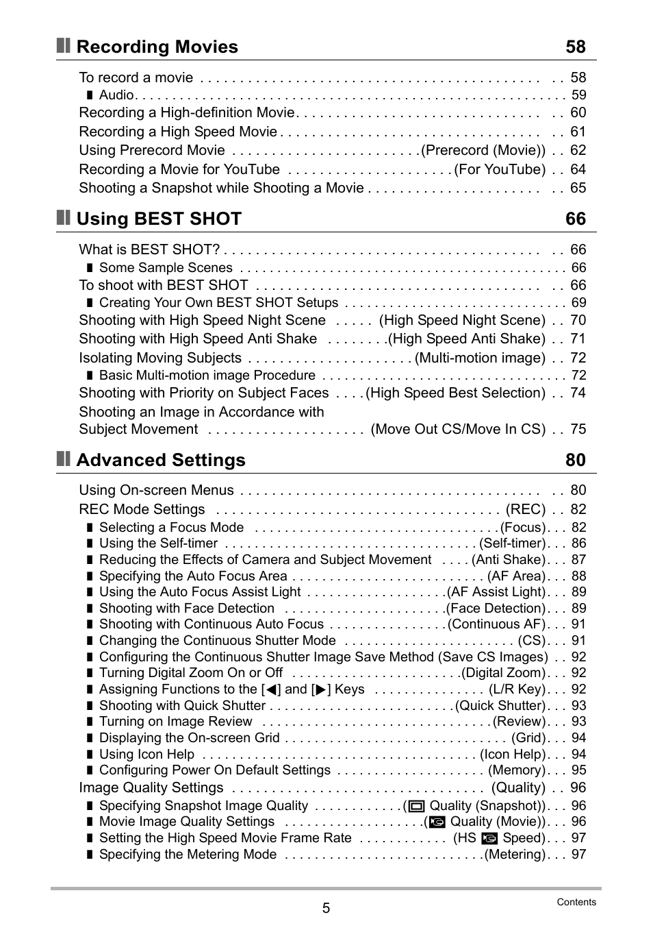 Recording movies 58, Using best shot 66, Advanced settings 80 | Casio EX-FC100 User Manual | Page 5 / 191