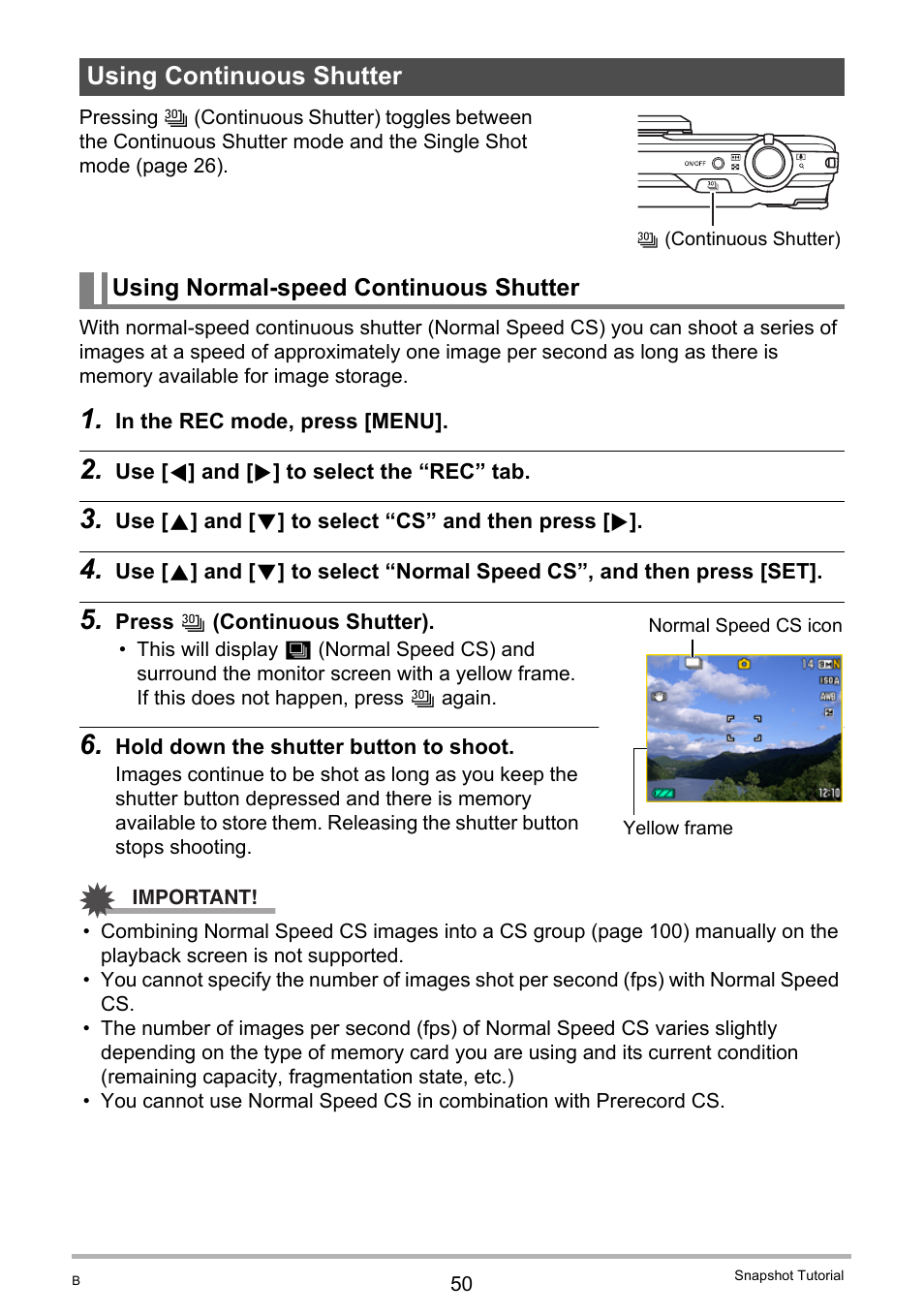 Using continuous shutter, Using normal-speed continuous shutter | Casio EX-FC100 User Manual | Page 50 / 191