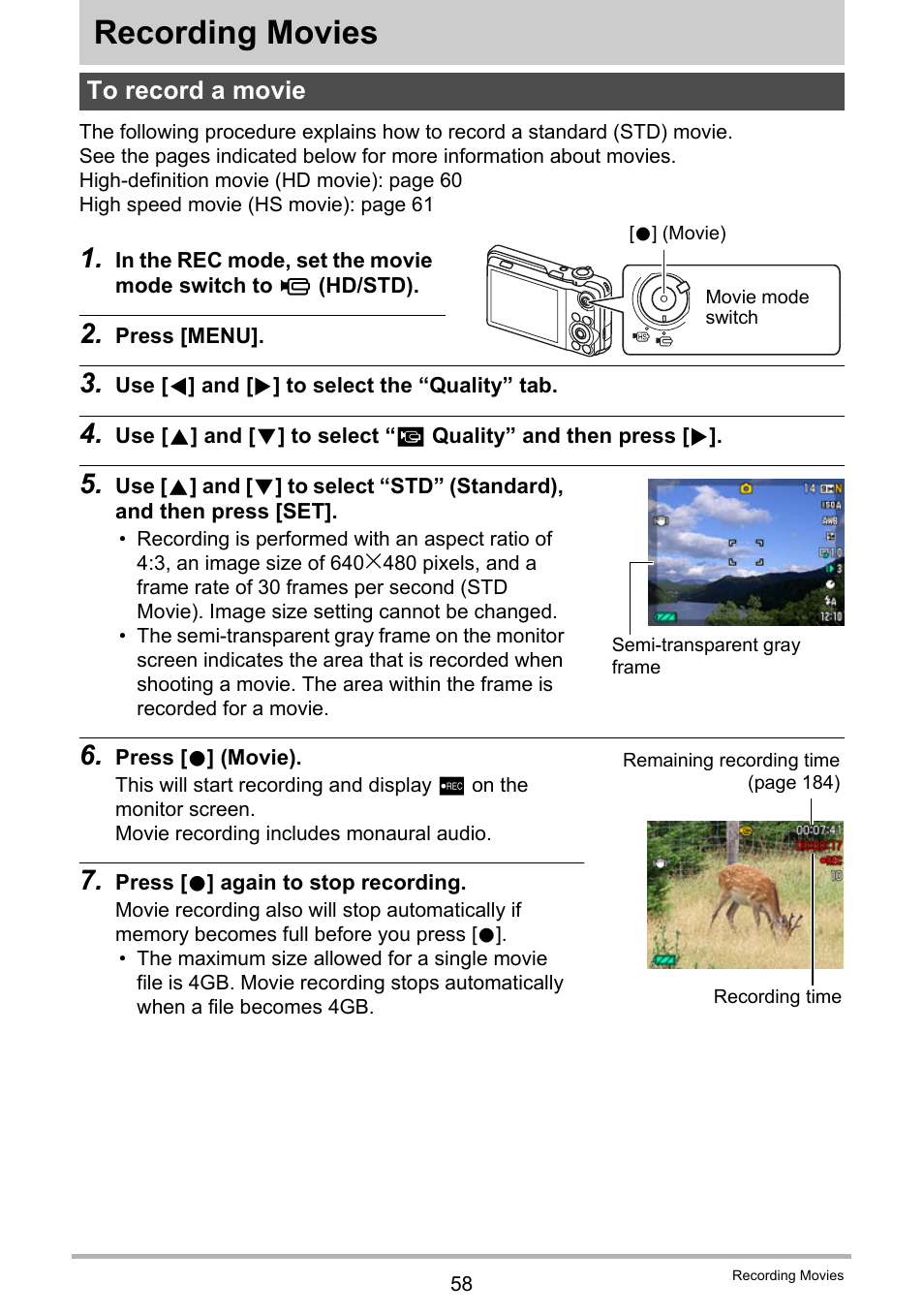 Recording movies, To record a movie | Casio EX-FC100 User Manual | Page 58 / 191