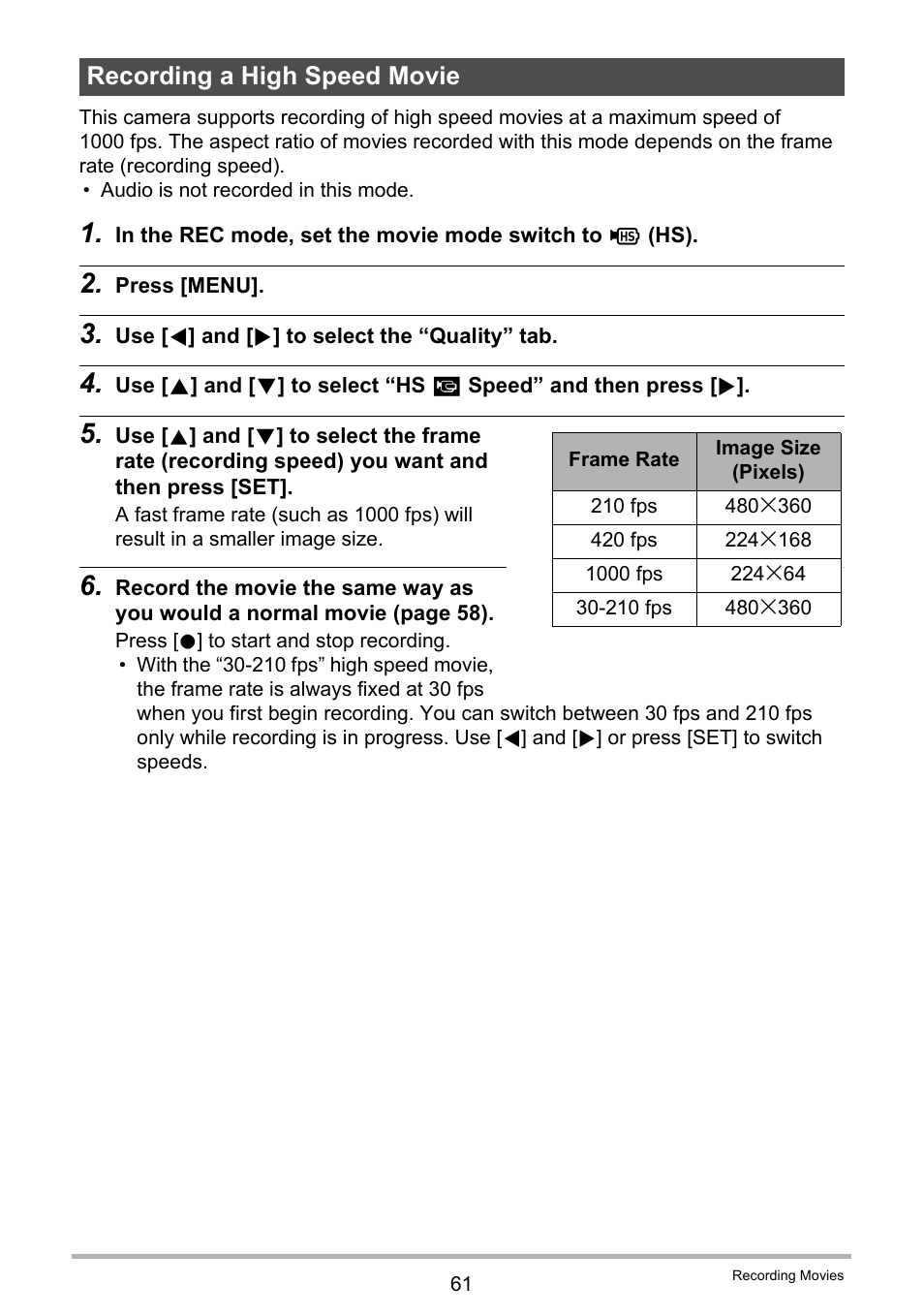 Recording a high speed movie | Casio EX-FC100 User Manual | Page 61 / 191