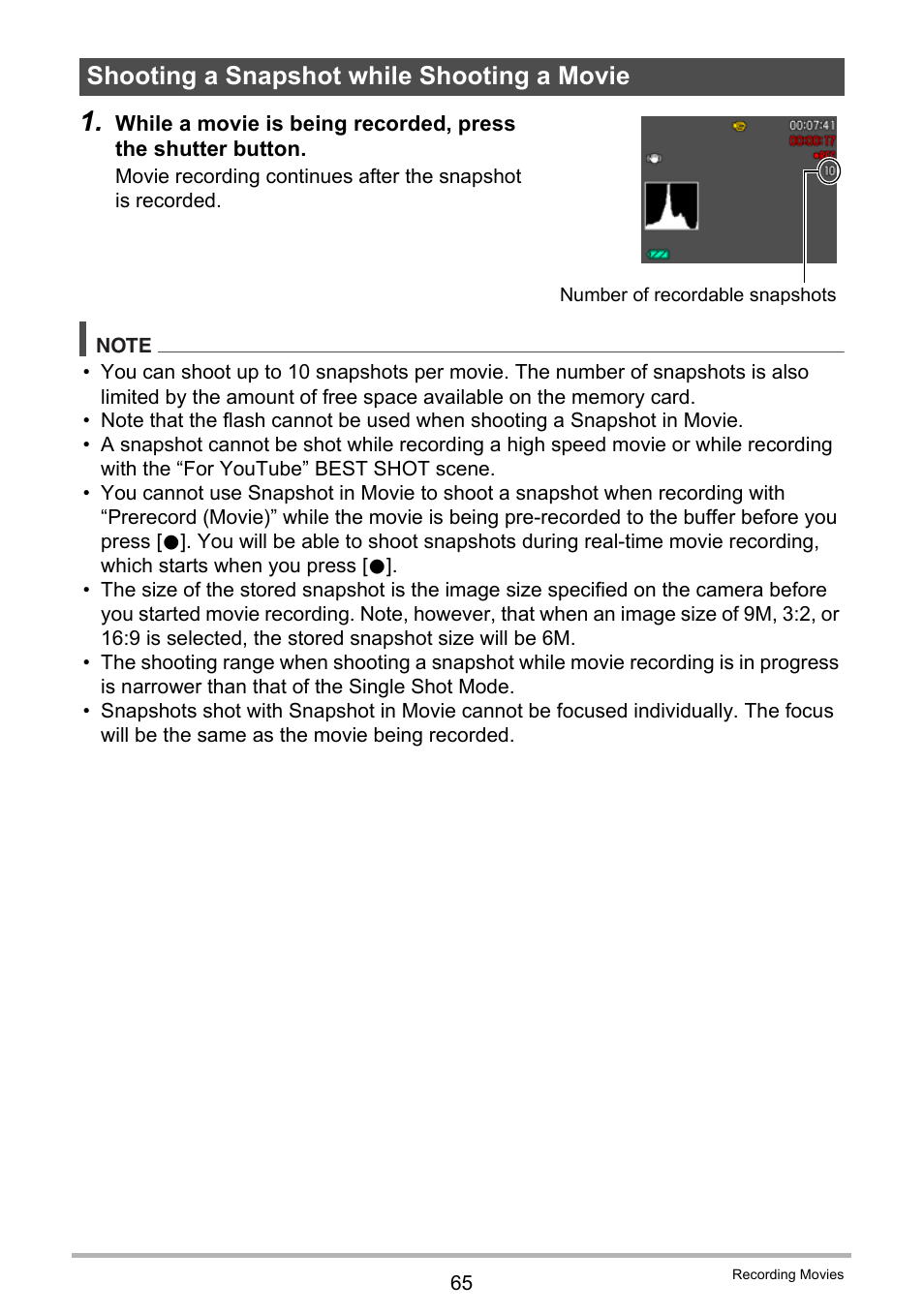 Shooting a snapshot while shooting a movie | Casio EX-FC100 User Manual | Page 65 / 191