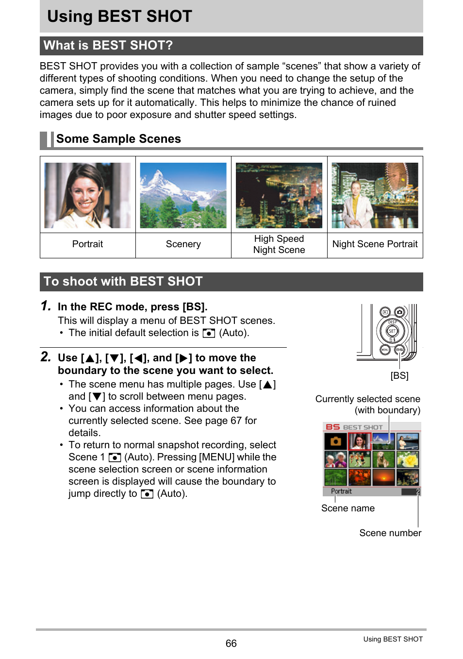 Using best shot, What is best shot, Some sample scenes | To shoot with best shot | Casio EX-FC100 User Manual | Page 66 / 191