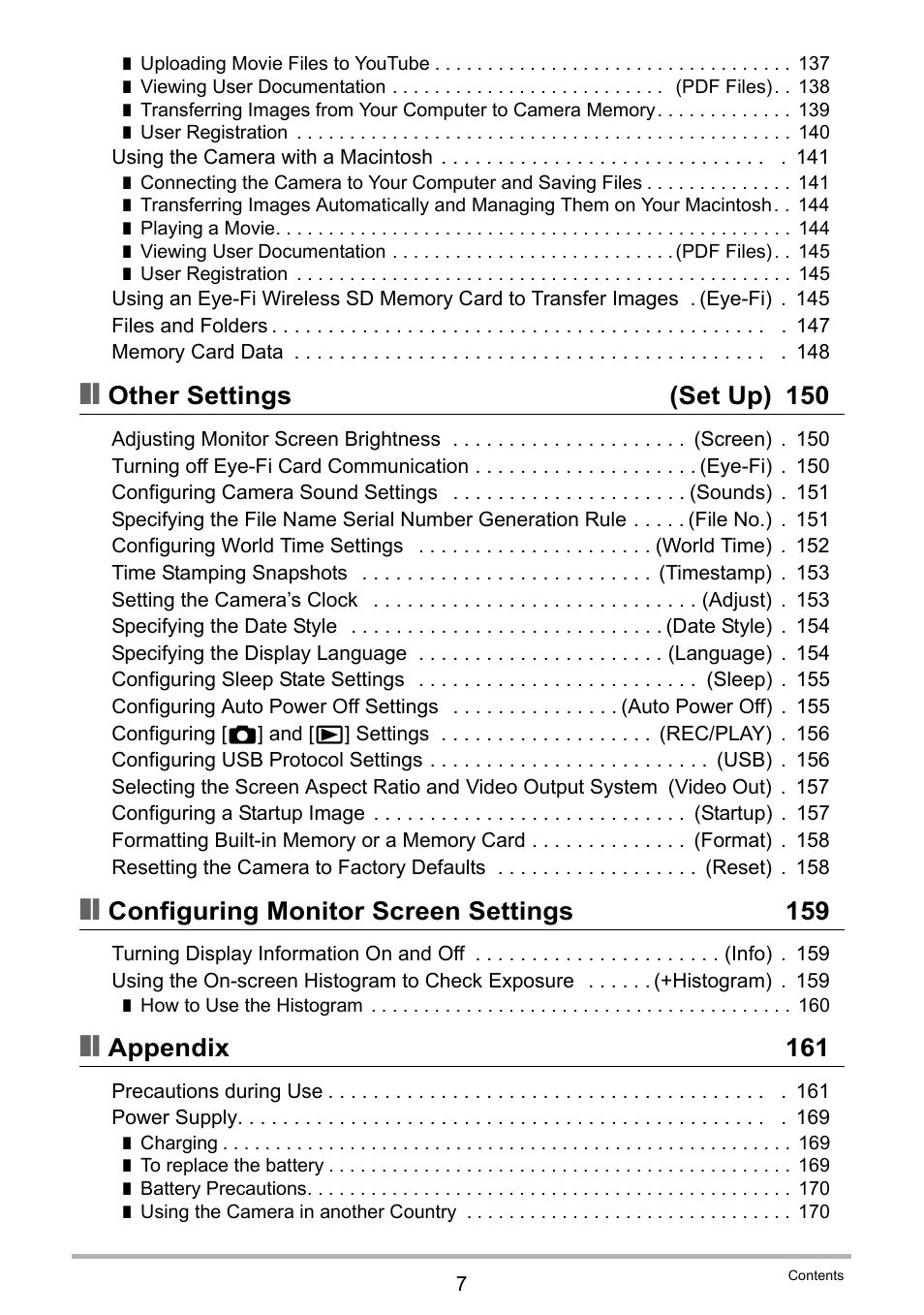 Other settings (set up) 150, Configuring monitor screen settings 159, Appendix 161 | Casio EX-FC100 User Manual | Page 7 / 191