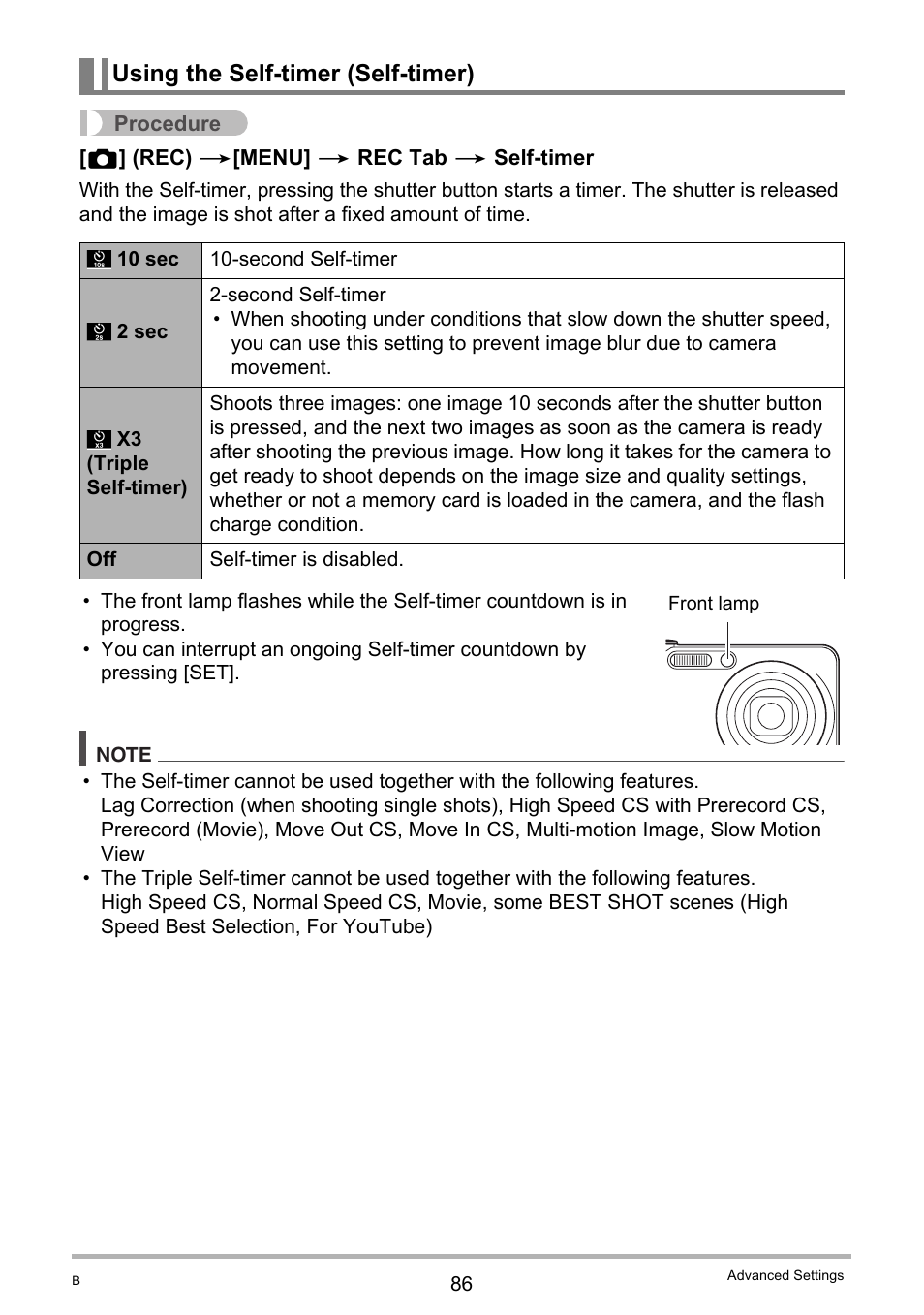 Using the self-timer (self-timer) | Casio EX-FC100 User Manual | Page 86 / 191