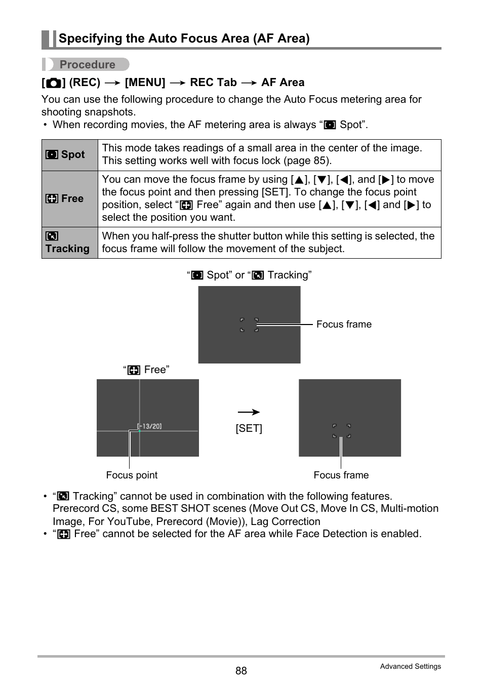 Specifying the auto focus area (af area) | Casio EX-FC100 User Manual | Page 88 / 191