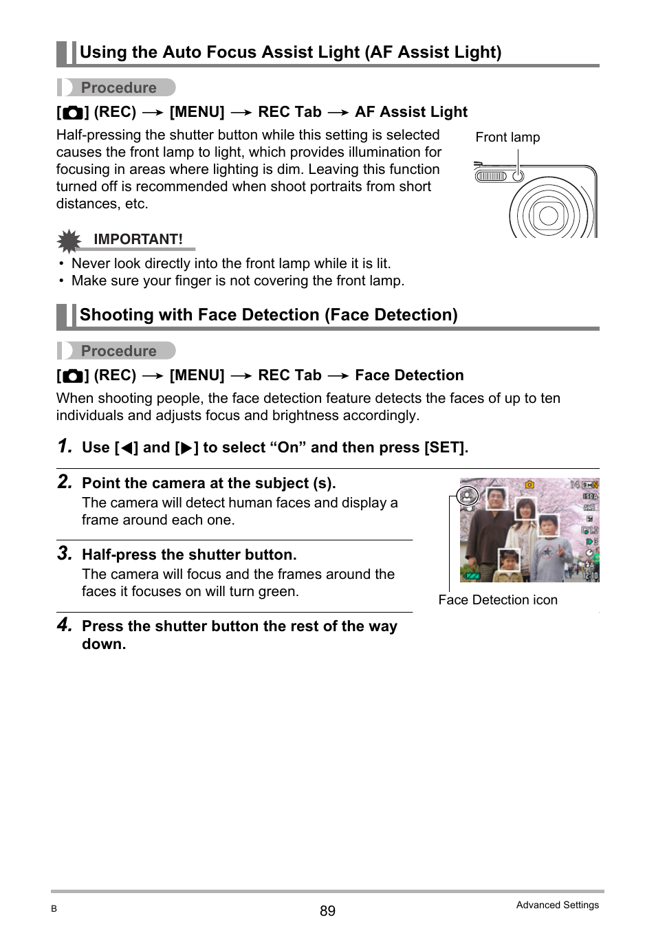 Shooting with face detection (face detection) | Casio EX-FC100 User Manual | Page 89 / 191