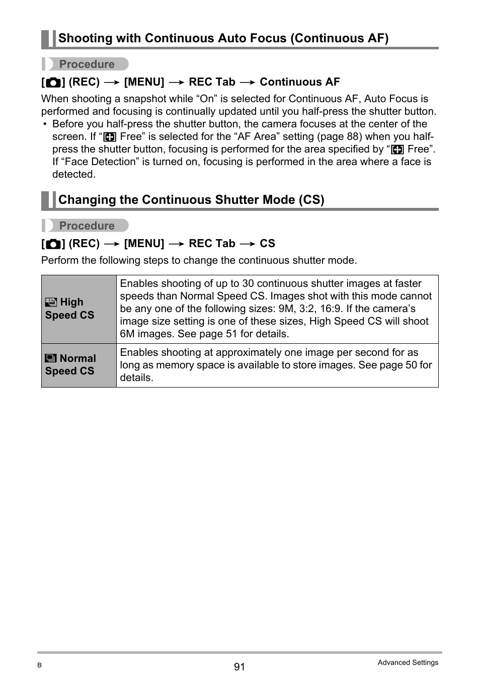 Changing the continuous shutter mode (cs), Ge 91) | Casio EX-FC100 User Manual | Page 91 / 191