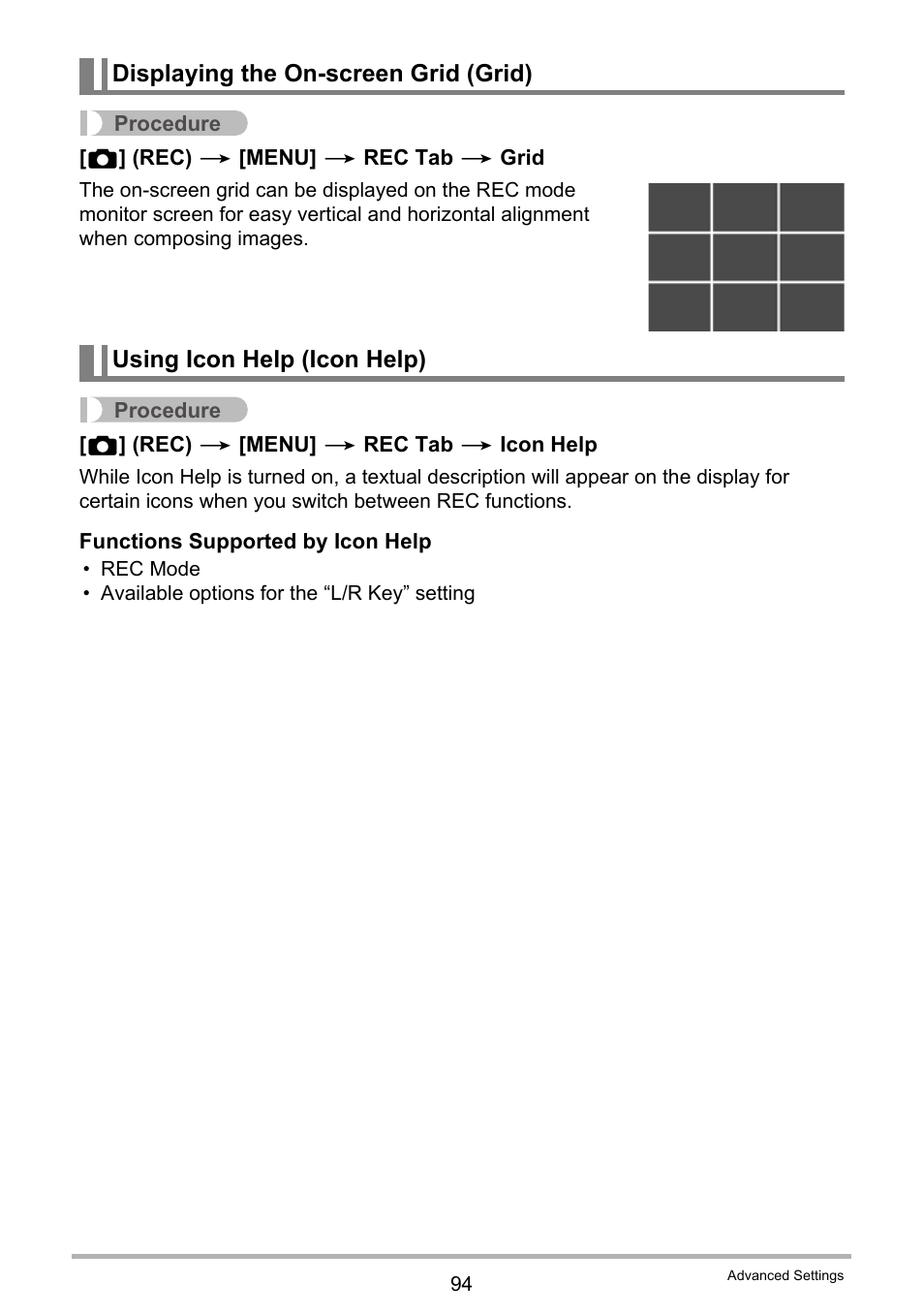 Displaying the on-screen grid (grid), Using icon help (icon help) | Casio EX-FC100 User Manual | Page 94 / 191