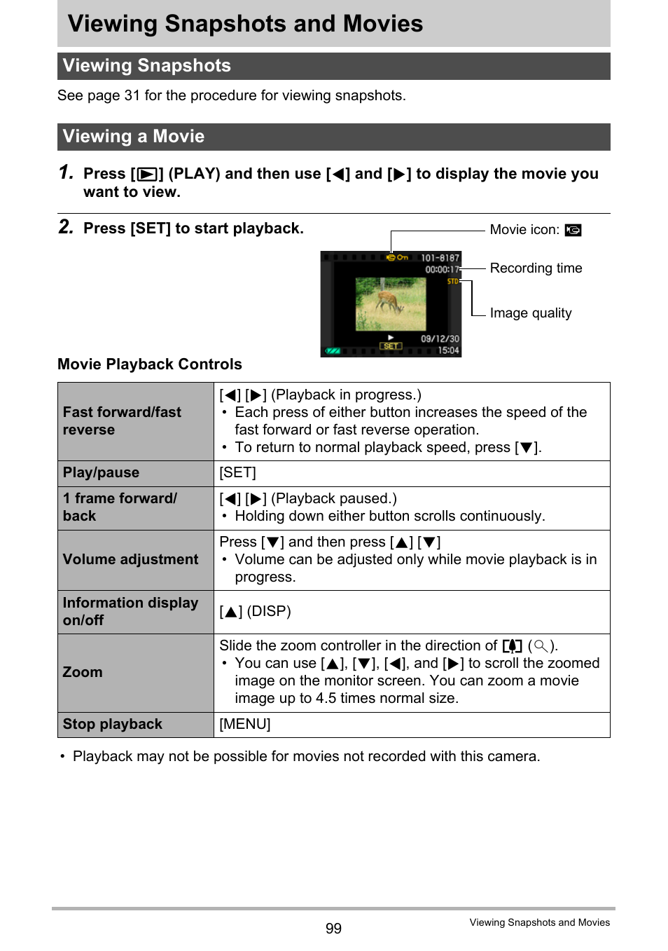 Viewing snapshots and movies, Viewing snapshots, Viewing a movie | Viewing snapshots viewing a movie, Age 99 | Casio EX-FC100 User Manual | Page 99 / 191