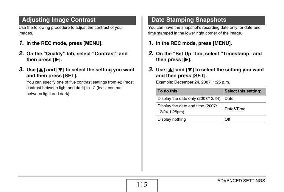 Adjusting image contrast, Date stamping snapshots, E 115) | Adjusting image contrast date stamping snapshots | Casio EX-Z75 User Manual | Page 115 / 233