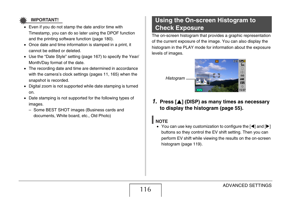 Using the on-screen histogram to check exposure | Casio EX-Z75 User Manual | Page 116 / 233