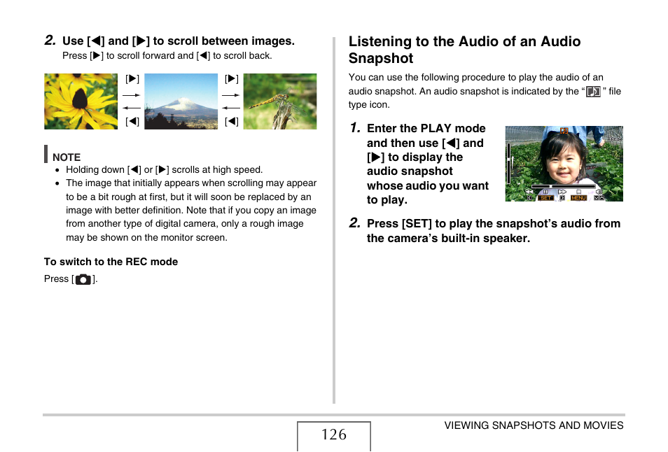 Listening to the audio of an audio snapshot, E 126) | Casio EX-Z75 User Manual | Page 126 / 233