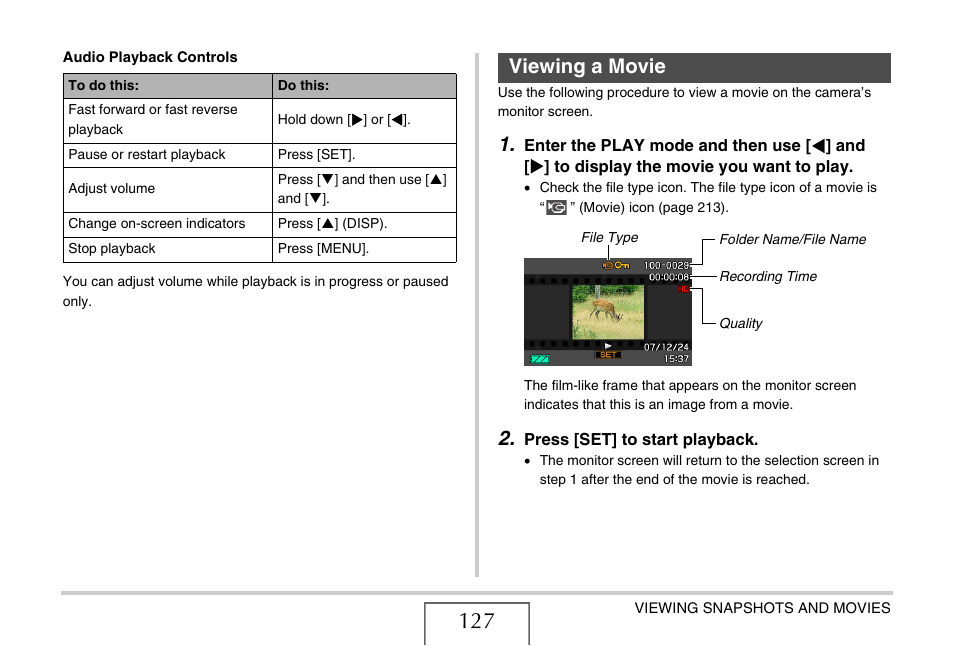Viewing a movie, E 127) | Casio EX-Z75 User Manual | Page 127 / 233