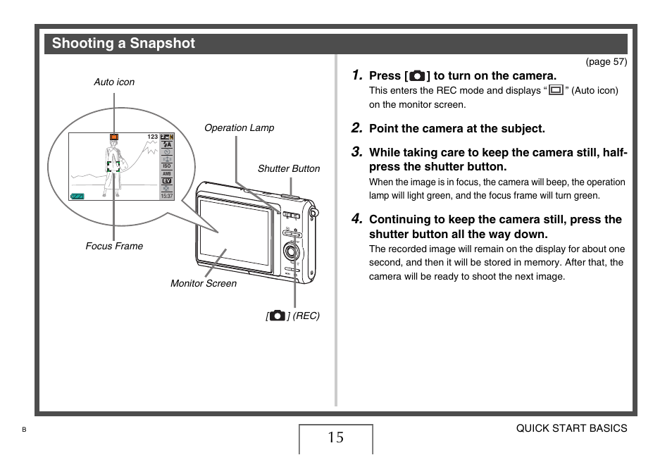 Shooting a snapshot, Shooting a, Snapshot” on | E 15 | Casio EX-Z75 User Manual | Page 15 / 233