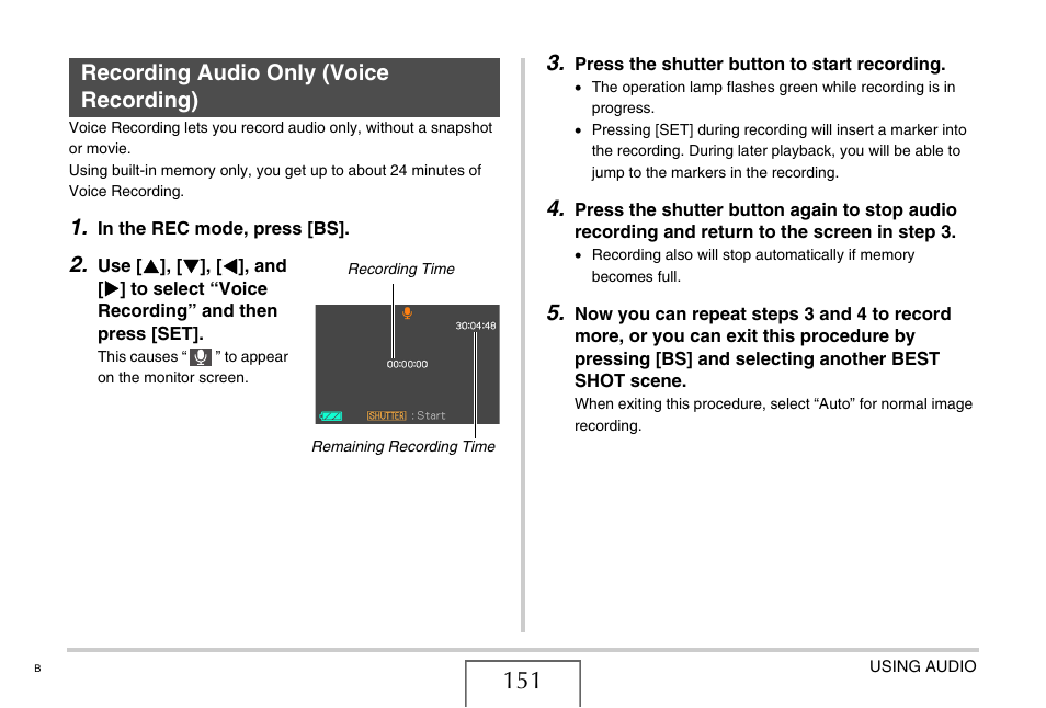 Recording audio only (voice recording) | Casio EX-Z75 User Manual | Page 151 / 233