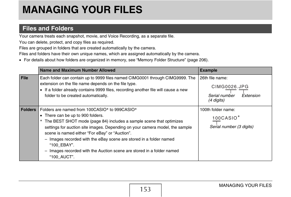 Managing your files, Files and folders | Casio EX-Z75 User Manual | Page 153 / 233