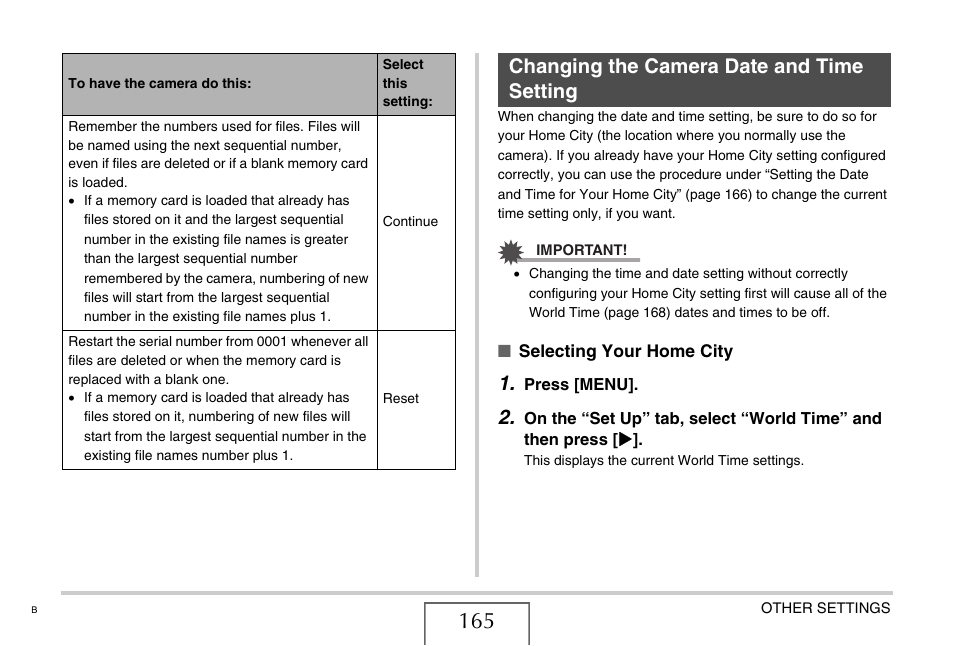 Changing the camera date and time setting, S 165, E 165) | Casio EX-Z75 User Manual | Page 165 / 233