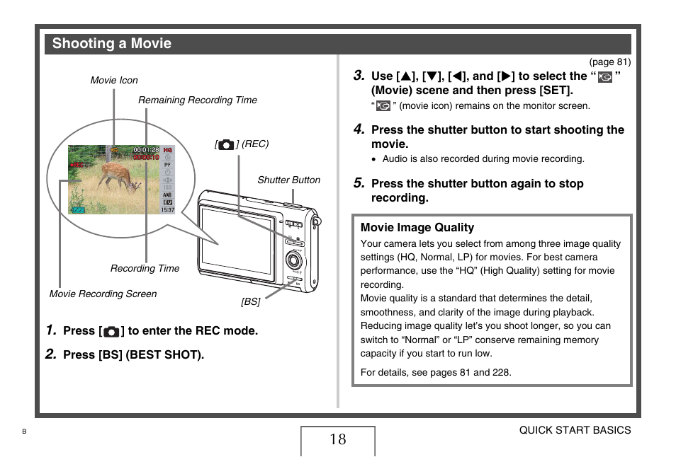 Shooting a movie | Casio EX-Z75 User Manual | Page 18 / 233