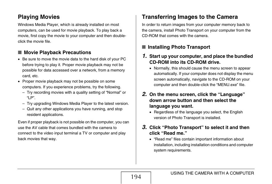 Playing movies, Transferring images to the camera | Casio EX-Z75 User Manual | Page 194 / 233