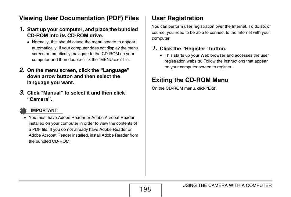 Viewing user documentation (pdf) files, User registration, Exiting the cd-rom menu | Viewing user documentation (pdf) files 1 | Casio EX-Z75 User Manual | Page 198 / 233