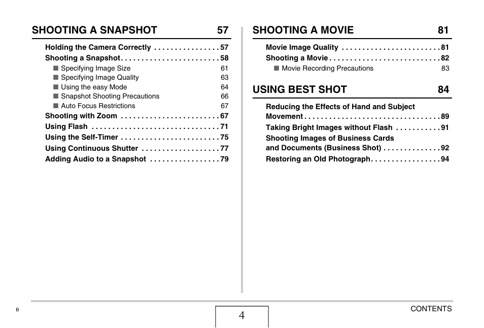 Shooting a snapshot 57, Shooting a movie 81, Using best shot 84 | Casio EX-Z75 User Manual | Page 4 / 233