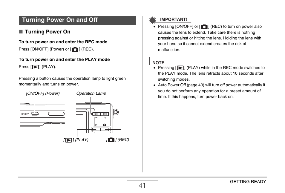 Turning power on and off | Casio EX-Z75 User Manual | Page 41 / 233