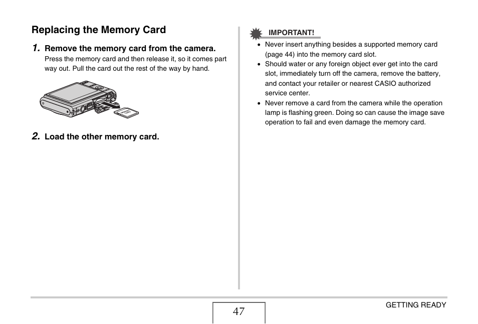 Replacing the memory card | Casio EX-Z75 User Manual | Page 47 / 233