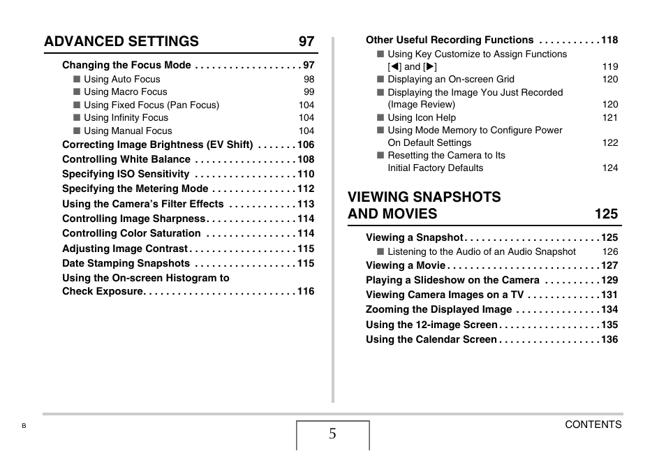 Advanced settings 97, Viewing snapshots and movies 125 | Casio EX-Z75 User Manual | Page 5 / 233